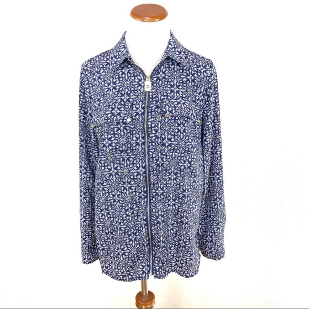 MICHAEL Michael Kors Print Roll-Tab‎ Sleeve Blue Top Blouse Women’s sz Small NEW